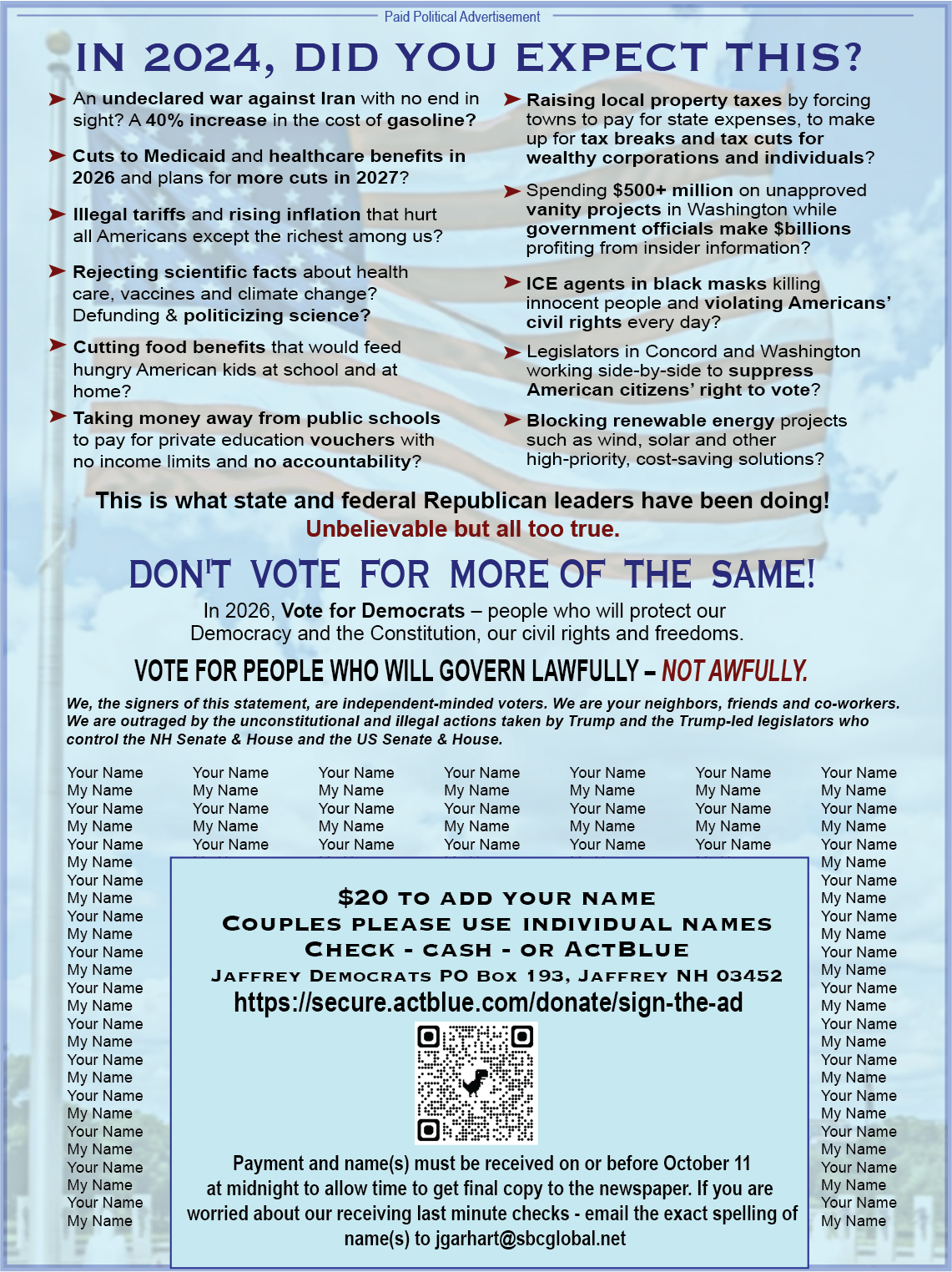 Example of the Signature Ad to be run in local newspapers.